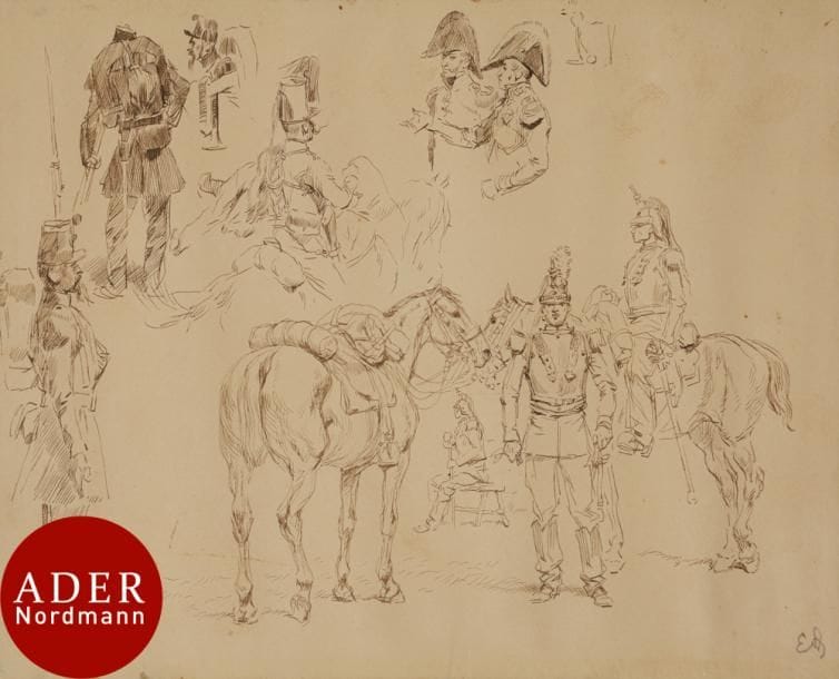 Édouard DETAILLE
(Paris 1848-1912)
Feuille d’études de costumes militaires
Plume et encre brune.
Porte un monogramme en bas à droite.
17 x 22,5 cm