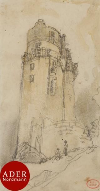Paul HUET (1803-1869)
La Tour
Crayon sur fond d’aquarelle.
Porte le timbre de la vente de l’atelier en bas à droite (Lugt 1268).
19 x 10 cm

Provenance : 
Collection Pierre Miquel, Paris (vente de l’atelier, Rossini, 3 avril 2004, n° 435).