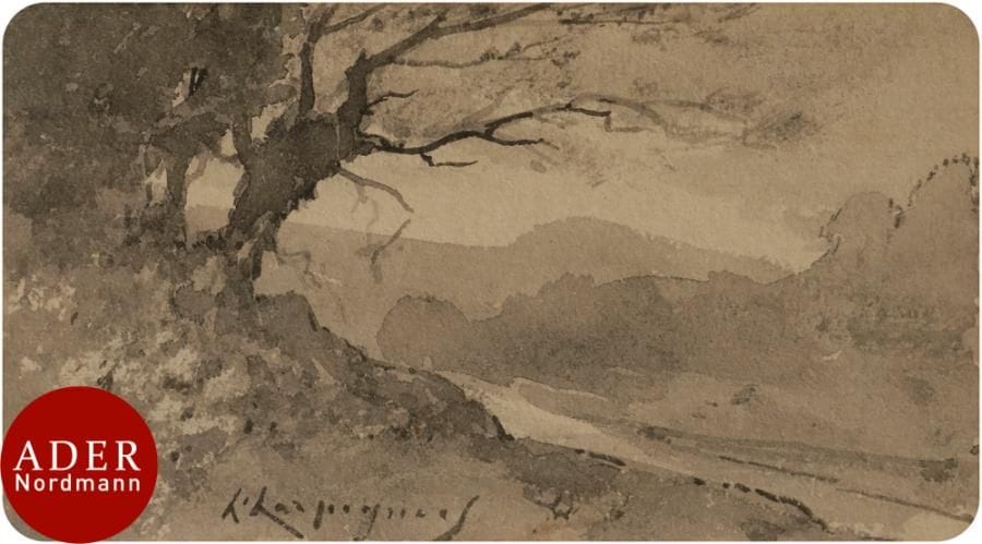 Henri-Joseph HARPIGNIES (1819-1916)
Paysage à l’arbre, vers 1905
Encre et lavis d’encre sur carte de visite.
Signé en bas à gauche.
4,5 x 8 cm

Cette œuvre sera incluse au catalogue raisonné en préparation par M. Jean-Pierre Cappoen.
