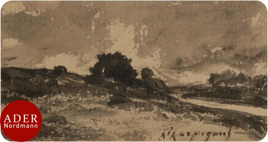 Henri-Joseph HARPIGNIES (1819-1916)
Paysage
Encre et lavis d’encre sur carte de visite.
Signé en bas à droite.
4,5 x 8,5 cm

Cette œuvre sera incluse au catalogue raisonné en préparation par M. Jean-Pierre Cappoen.