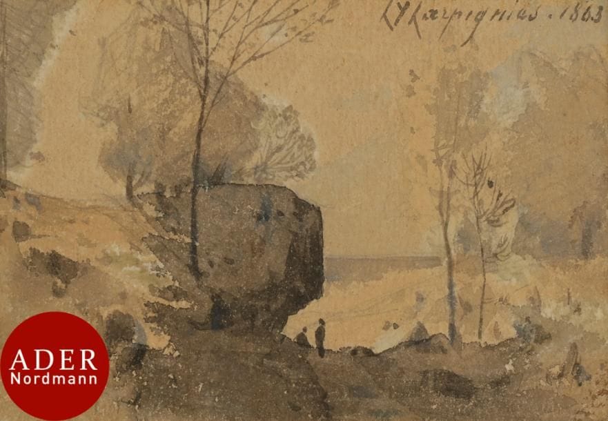 Henri-Joseph HARPIGNIES (1819-1916)
Paysage à la falaise
Lavis d’encre.
Signé et daté en haut à droite.
6,5 x 10 cm

Cette œuvre sera incluse au catalogue raisonné en préparation par M. Jean-Pierre Cappoen.