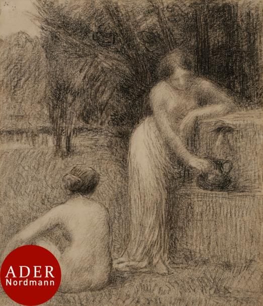 Hippolyte PETITJEAN (1854-1929)
Femmes à la fontaine
Fusain.
Non signé.
27,5 x 23,5 cm