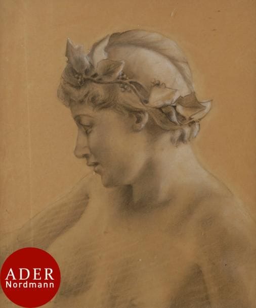 Jean-Paul LAURENS (1838-1921)
Jeune femme en buste à la couronne de houx
Crayon noir et rehauts de craie blanche.
Signé en bas à gauche.
38 x 34 cm