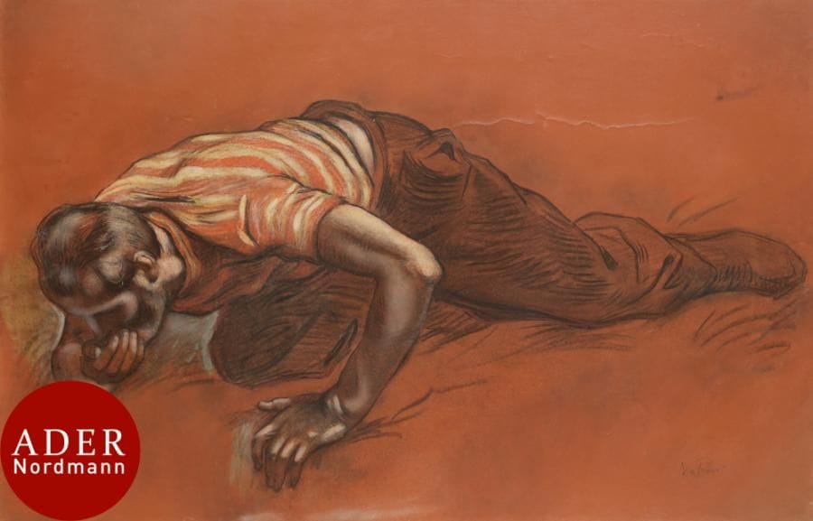 Victor PROUVÉ (1858-1943)
Marin buvant à la rivière
Fusain et pastel sur papier marouflé sur toile montée sur panneau.
Signé en bas à droite.
(Accidents et restaurations).
69 x 106,5 cm