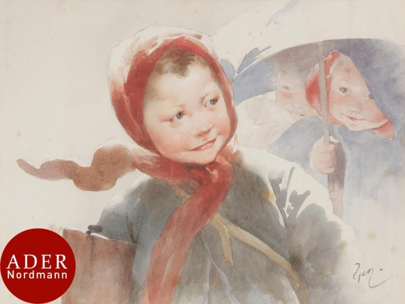 Jean-Jules-Henri Geoffroy, dit GÉO
(1853-1924)
Enfants sous la pluie
Aquarelle sur traits de crayon.
Signée en bas à droite.
(Petites rousseurs).
24 x 31 cm