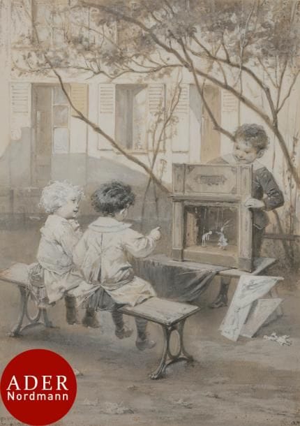 Jean-Jules-Henri Geoffroy, dit GÉO (1853-1924)
Une grande représentation, projet d’illustration pour un ouvrage Hetzel
Mine de plomb, lavis et gouache blanche.
Signée en bas à gauche.
Porte le timbre « J. Hetzel & Cie » en bas à droite sur le montage.
24 x 17 cm