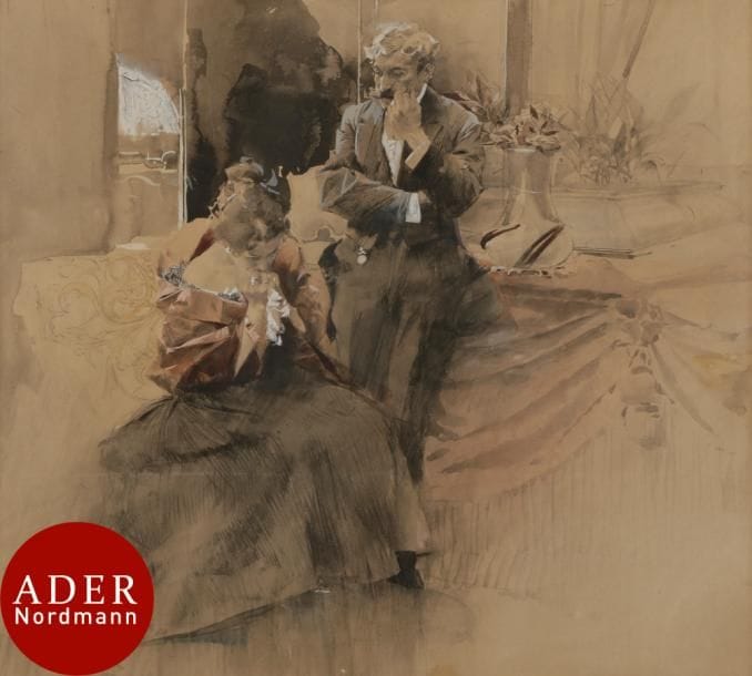 Ludwig MAROLD (1865-1898)
L’Aveu, vers 1892
Aquarelle, lavis sur trait de crayon et rehauts de gouache.
Monogrammé en bas à gauche.
36 x 40,5 cm

Exposition : 
VI. Internationale Kunstausstellung, Munich, 1892, n° 3728 (étiquette au dos).

Notre dessin fut publié dans la Revue Illustrée (trace d’étiquette au dos).