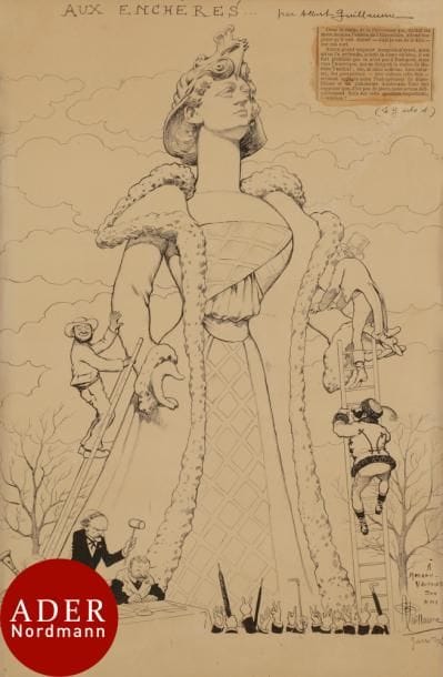 Albert-Paul GUILLAUME (1873-1942)
Aux enchères..., 1902
Encre de Chine.
Signée, datée et dédicacée « A Moreau-Vauthier son ami » en bas à droite.
Titrée en tête.
(Frottement).
48 x 31 cm