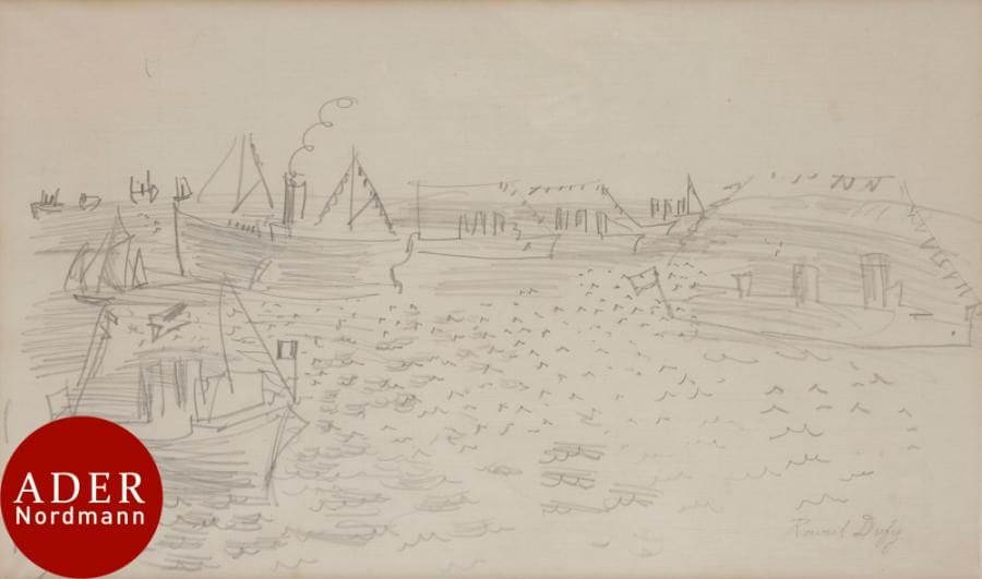 Raoul DUFY (1877-1953)
Bateau dans le port
Mine de plomb.
Signée en bas à droite.
33 x 52 cm