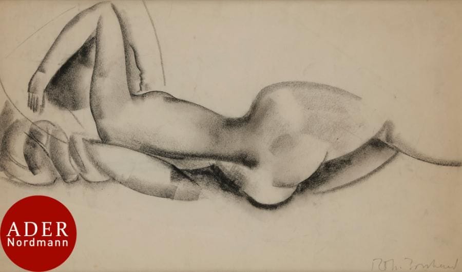 Rodolphe T. BOSSHARD (1889-1960)
Nu alangui
Fusain.
Signé en bas à droite.
24 x 41 cm

Provenance : 
Collection Édouard Goerg.