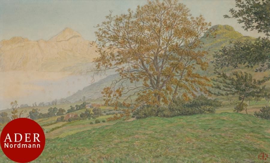 Henri RIVIÈRE (1864-1951)
Vue du Venthon (Savoie), 1917
Aquarelle et pierre noire sur vélin.
Porte le timbre rouge de l’artiste en bas à droite (Lugt 1361).
Située et datée.
24,5 x 39,5 cm

Dessin à rapprocher d’une autre vue du Venthon, reproduite dans F. Fossier, Henri Rivière graveur et photographe, « Les Dossiers du Musée d’Orsay », Paris, RMN, 1988, n° 103, p. 58.