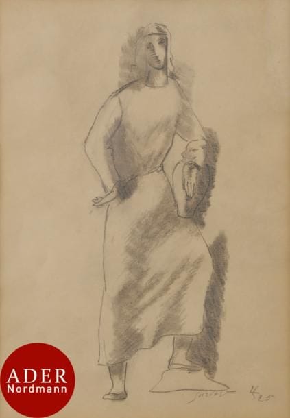 Léopold SURVAGE (1879-1968)
Femme à la cruche, 1925
Mine de plomb et estompe.
Signé et daté en bas à droite.
Porte le timbre de l’atelier.
26 x 20 cm