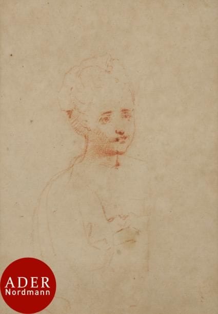 ÉCOLE FRANÇAISE du XVIIIe siècle
Étude de femme en buste
Sanguine.
Petit croquis au verso.
(Pliures, taches).
19 x 14 cm