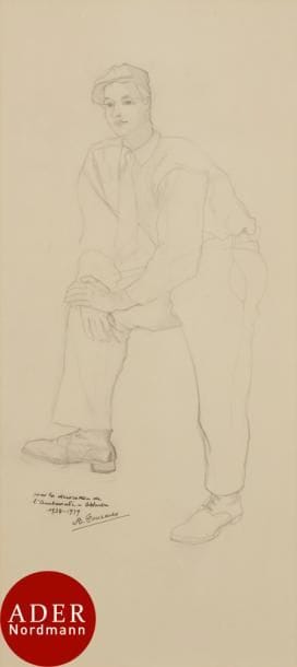Alfred COURMES (1898-1993)
Travailleur, étude pour La France Heureuse,
1938-39
Mine de plomb.
Signée, datée et annotée « pour la décoration de l’Ambassade à Ottawa ».
42,5 x 19 cm

Notre dessin est préparatoire à la fresque de la salle à manger de l’ambassade de France à Ottawa.