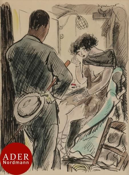 André DIGNIMONT (1891-1965)
Homme et fille de joie
Encre et aquarelle.
Signée en haut à droite.
26 x 19 cm