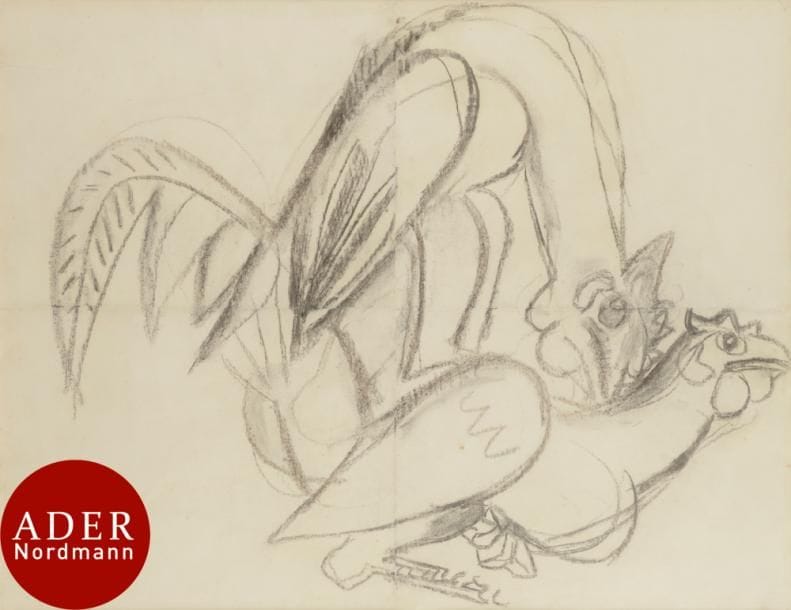Pierre TAL COAT (1905-1985)
Coq et poule, 1945
Fusain.
Signé en bas à gauche.
(Plis).
59 x 75 cm

Exposition : 
Tal Coat, œuvres de 1926 à 1946, Galerie Fanny Guillon-Laffaille, Paris, 25 mai-13 juillet 1989, reproduit p. 60 au catalogue.

Nous remercions Monsieur Xavier Demolon et Madame Pierrette Demolon-Tal Coat d’avoir confirmé l’authenticité de cette œuvre.