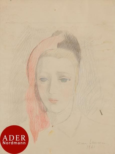 Marie LAURENCIN (1885-1956)
Portrait de jeune fille, 1941
Crayons de couleurs.
Signé et daté en bas à droite.
(Petits plis et taches).
30 x 22 cm