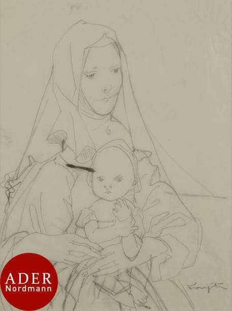 Léonard Tsuguharu FOUJITA (1886-1968)
Vierge à l’enfant
Mine de plomb et estompe sur papier calque.
Signé en bas à droite.
(Deux traits d’encre au pinceau dans le sujet ; pli vertical en travers de la Vierge ; fins plis cassés aux bords du feuillet).
28,8 x 22 cm

Provenance : 
Succession Kimiyo Foujita.

Un certificat de la maison de ventes Cornette de Saint-Cyr en date du 12 juin 2013 sera remis à l’acquéreur.