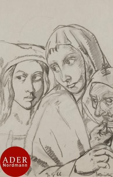 Léonard Tsuguharu FOUJITA (1886-1968)
Femme et personnages (copie d’après un maître ancien), 1966
Fusain et estompe sur vélin blanc mince.
Daté et signé en pied.
(Quelques fins plis cassés).
50,3 x 32,5 cm

Provenance : 
Succession Kimiyo Foujita, vente du 8 décembre 2013.

Un certificat de la maison de ventes Cornette de Saint-Cyr en date du 24 janvier 2014 sera remis à l’acquéreur.