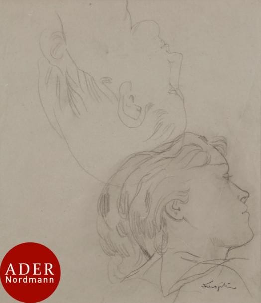 Léonard Tsuguharu FOUJITA
(1886-1968)
Deux études de visages de femmes de profil
Mine de plomb sur calque.
Sigée en bas à droite à la plume et à l’encre.
(Long pli oblique en travers du visage inférieur).
26,8 x 23.4 cm

Provenance : 
Succession Kimiyo Foujita.

Un certificat de la maison de ventes Cornette de Saint-Cyr en date du 4 novembre 2013 sera remis à l’acquéreur.