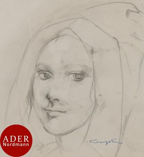 Léonard Tsuguharu FOUJITA (1886-1968)
Tête de femme au voile
Mine de plomb et estompe sur calque.
Signé au stylo-bille en bas à droite.
(Fort pli oblique en travers de la partie gauche du sujet).
17,4 x 16 cm

Provenance : 
Succession Kimiyo Foujita, vente du 9 décembre 2013.

Un certificat de la maison de ventes Cornette de Saint-Cyr en date du 10 février 2014 sera remis à l’acquéreur.
