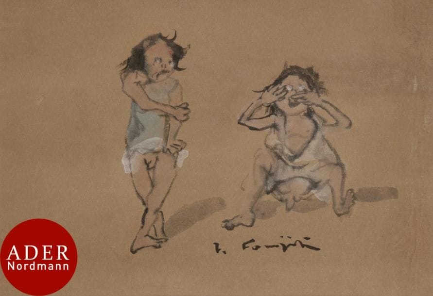Léonard Tsuguharu FOUJITA (1886-1968)
La Dispute
Encre, lavis, aquarelle et rehauts de gouache sur vélin teinté brun.
Signé au pinceau en pied sous le sujet.
(Fines traces de plis le long du bord droit).
18,7 x 28,2 cm

Provenance : 
Succession Kimiyo Foujita.

Un certificat de la maison de ventes Cornette de Saint-Cyr en date du 4 novembre 2013 sera remis à l’acquéreur.