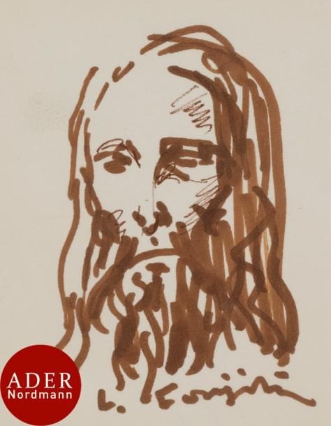 Léonard Tsuguharu FOUJITA (1886-1968)
Tête de Christ, vers 1966
Feutre brun sur vélin fort.
Signé en pied au centre.
12 x 9,5 cm

Provenance : 
Succession Kimiyo Foujita, vente du 8 décembre 2013.

Dessin à rapprocher des études de Christ réalisées pour des carrés de soie commandés par la maison Mumm à la fin de la vie de l’artiste. (Cf. S. Buisson, Léonard Tsuguharu Foujita, vol. 1, Courbevoie, ACR éditions, p. 551, n° 66.13 et 66.16). Foujita réalisa aussi de nombreuses études de Christ pour la fresque Le Baptême de Jésus de la chapelle Notre-Dame de la Paix à Reims.

Un certificat de la maison de ventes Cornette de Saint-Cyr en date du 10 février 2014 sera remis à l’acquéreur.