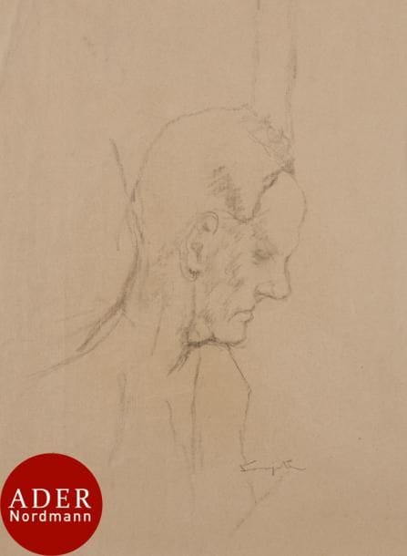 Léonard Tsuguharu FOUJITA (1886-1968)
Portrait d’homme de profil
Mine de plomb sur vergé teinté chamois.
Signée en bas à droite dans le sujet. 
(Nombreuses courtes traces de plis horizontaux).
48,5 x 61,5 cm

Provenance : 
Succession Kimiyo Foujita, vente du 9 décembre 2013.

Un certificat de la maison de ventes Cornette de Saint-Cyr en date du 10 février 2014 sera remis à l’acquéreur.