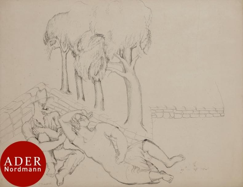 Ossip ZADKINE (1890-1967)
Le Repos des paysans, 1927
Encre sur carton.
Signée en bas à droite.
(Petites rousseurs).
52 x 68 cm

Cette œuvre est répertoriée sous le n° D.948 dans les archives du Zadkine Research Center, Belgique.