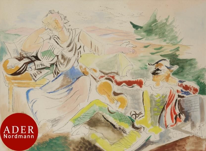Valentine PRAX (1897-1981)
L’Arlequin musicien
Gouache et encre.
Signée en bas à gauche.
44 x 60 cm