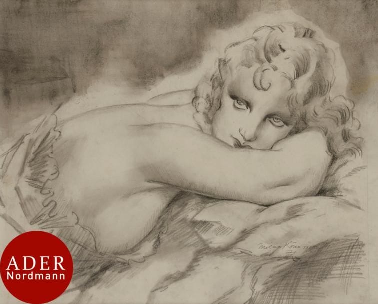 Micao KONO (1900-1979)
Femme au repos, 1932
Fusain et estompe.
Signé et daté en bas à droite.
34 x 42 cm