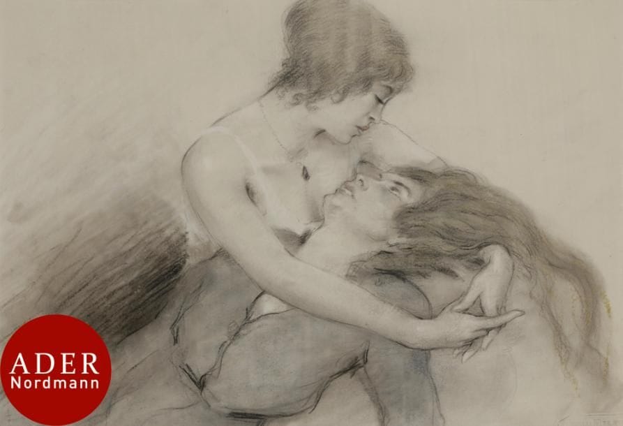 Édouard-Jules CHIMOT (1880-1959)
Les Deux amies
Crayon, fusain et rehauts de crayon gras.
Annotations au verso du montage de l’expertise de Pierre Berès datée du 1er septembre 1933.
22 x 30 cm