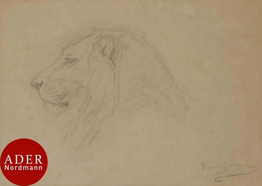 Rosa BONHEUR (1822-1899)
Tête de lion
Crayon.
Porte le timbre de la  signature en bas à droite (Lugt 275).
15,5 x 21 cm

Provenance : 
Vente de l’atelier, 5-8 juin 1900, Paris (cachet au verso, Lugt 276).
