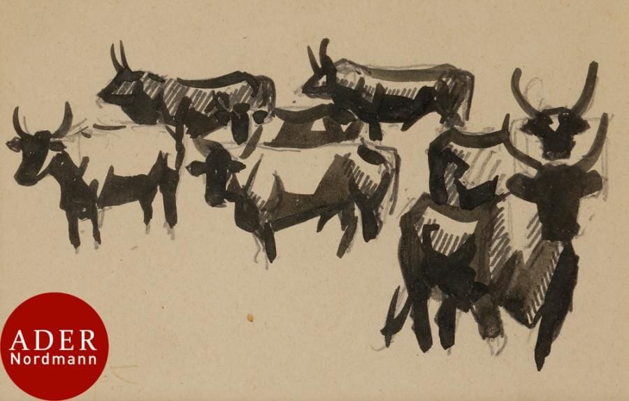 Georges-Lucien GUYOT (1885-1973)
Troupeau de taureaux
Encre sur traits de crayon.
Signée en bas à gauche (signature légèrement effacée).
10,5 x 15 cm