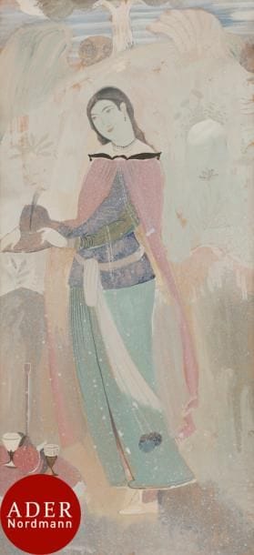 Sarkis KATCHADOURIAN (1886-1947)
Jeune femme au chapeau - Palais d’Ali Kapu
Aquarelle et gouache.
Non signée.
68 x 32,5 cm

Provenance :
Collection du Docteur Ph. Ackerman (inscription manuscrite au dos).

Exposition :
Reconstitution des fresques des palais d’Ispahan, Paris, Musée Guimet, 25 février-25 avril 1932, n° 132 (étiquettes au verso du montage).

Bibliographie :
Persian Fresco Paintings, reconstructed by Mr. Sarkis Katchadourian from the seventeenth century originals in Isfahan, New York, 1932, n° 32.