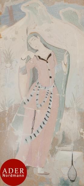 Sarkis KATCHADOURIAN (1886-1947)
Jeune femme à la coupe - Palais d’Ali Kapu
Aquarelle et gouache.
Non signée.
68 x 32,5 cm

Provenance :
Collection du Docteur Ph. Ackerman (inscription manuscrite au dos).

Exposition :
Reconstitution des fresques des palais d’Ispahan, Paris, Musée Guimet, 25 février-25 avril 1932, n° 131 (étiquettes au verso du montage).

Bibliographie :
Persian Fresco Paintings, reconstructed by Mr. Sarkis Katchadourian from the seventeenth century originals in Isfahan, New York, 1932, n° 32.
S. Katchadourian et L. Morgenstein, Reconstitution des fresques persanes et La Peinture murale d’Ispahan, in L’Art Vivant, février 1932.
A. K. Coomasraswamy, Indian Mural and Sarkis Katchadourian, New York, 1942.
 
