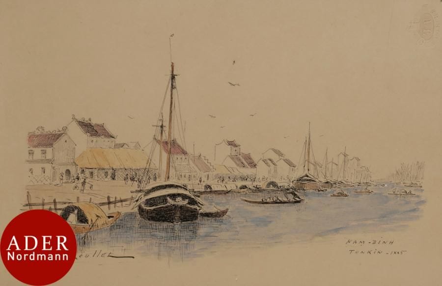 Gaston ROULLET (1847-1925)
Port de Nam-Dinh, Tonkin, 1885
Encre et aquarelle.
Signée, datée et située.
15,5 x 23,5 cm