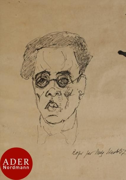 Max JACOB (1876-1944)
Portrait de Roger Toulouse
Encre.
Signée, datée et titrée vers le bas à droite.
29,5 x 22 cm

Provenance : 
Ancienne collection Jean Rousselot, ami de Max Jacob.

Nous remercions Madame Sylvia Lorant-Colle, ayant droit du poète, d’avoir confirmé l’authenticité de cette œuvre.

Dans une lettre datée du 8 juin 1937, même année que notre dessin, Max Jacob, qui a la conviction d’avoir déniché un nouveau talent  écrit à Roger Toulouse quelques lignes qui selon lui « peuvent servir de préface à un catalogue » : 
 « Ce que c’est qu’un « homme nouveau » ?
Un « homme nouveau » ce n’est pas une manière nouvelle, une conception nouvelle de l’art. C’est quelque chose de beaucoup plus rare. Est-ce quelque chose de plus important ?...
Quand « l’homme nouveau » est tout jeune, on peut attendre de lui ce qui est... ce qui serait important. On peut tout espérer d’un « homme nouveau » s’il sait se discipliner, afin de tirer de lui-même ce qu’il a de commun avec l’Humanité Générale. Car le Vrai Beau est l’accord avec l’Humanité Générale. Ce qui n’est que nouveau peut amuser mais ce qui est à la fois nouveau et humain est toujours important à l’humanité. Un homme nouveau ne pense, ne sent, ne parle pas comme les autres ; le moindre de ses gestes le révèle, tel j’ai eu l’impression d’un « homme nouveau » quand j’ai rencontré Roger Toulouse ».