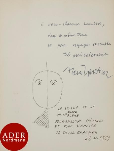 Victor BRAUNER (1903-1966)
Visage, 1959
Encre sur page de livre.
Signée et dédicacée à Jean-Clarence Lambert.
17,5 x 13,5 cm
