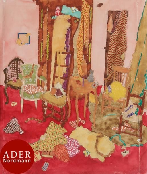 Jean DARQUET (1918-2012)
Chambre rose aux tissus
Aquarelle sur papier marouflé sur toile.
Non signée.
61,5 x 52,5 cm