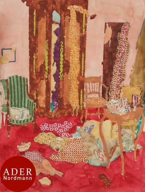 Jean DARQUET (1918-2012)
Chambre rose aux tissus
Aquarelle sur papier marouflé sur toile.
Non signée.
62 x 47 cm