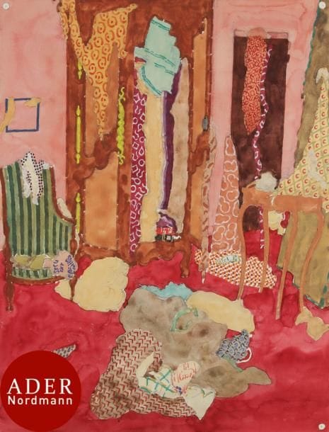 Jean DARQUET (1918-2012)
Chambre rose aux tissus
Aquarelle.
Non signée.
63 x 48 cm