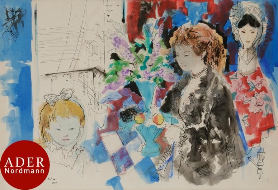 Emilio GRAU-SALA (1911-1975)
Femme et fillette dans un intérieur, 1955
Aquarelle et encre.
Signée et datée en bas à gauche.
37 x 55 cm