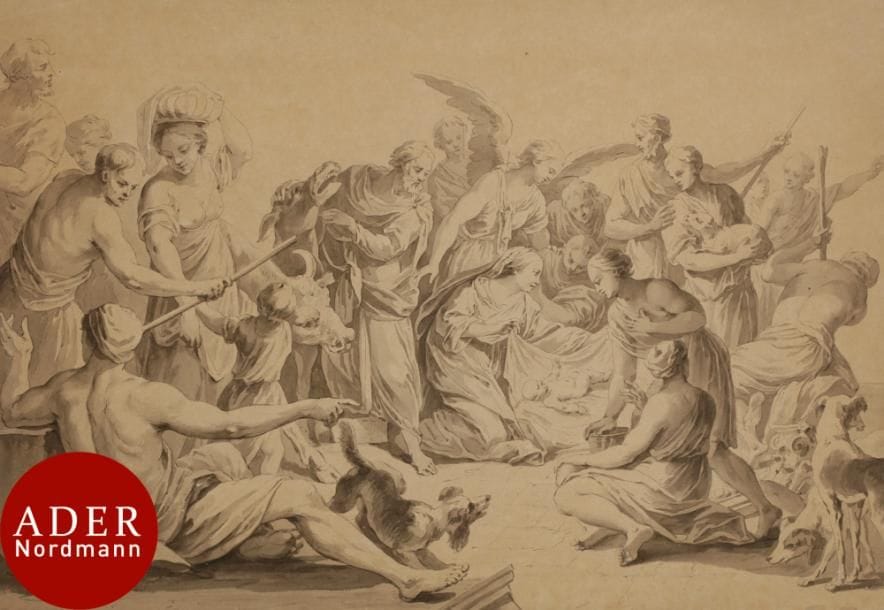 ÉCOLE FRANÇAISE du
XVIIIe siècle
L’Adoration des bergers
Plume et encre noire, lavis gris sur traits de crayon noir.
(Légèrement insolé, quelques épidermures, petite pliure en haut à gauche).
33 x 47 cm