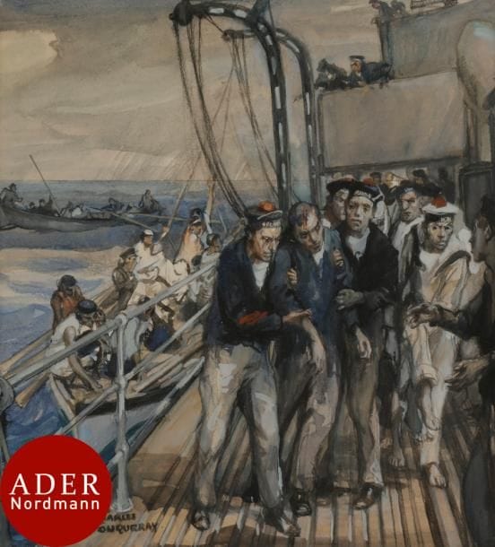 Charles FOUQUERAY (1869-1956)
Sauvetage en mer
Crayon noir, aquarelle et rehauts de gouache.
Signé en bas à gauche.
31 x 29,5 cm