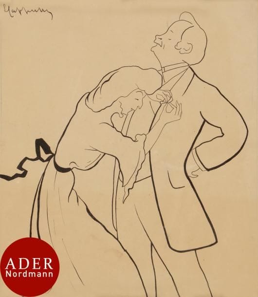 Leonetto CAPPIELLO (1875-1942)
La Décoration de Monsieur Le Bargy, 1903
Encre.
Signée en haut à gauche.
24 x 21 cm

Notre dessin fut publié en couverture du journal Le Rire, 31 janvier 1903, n° 430.
Œuvre en rapport : Cappiello 1875-1942, Caricatures, affiches, peintures et projets décoratifs, Paris, RMN, 1981, n° 77.