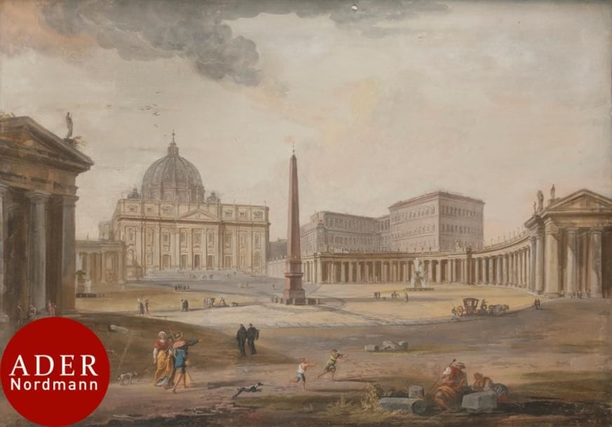 Attribué à Jean-Baptiste LALLEMAND (Dijon 1716-Paris 1803)
Saint-Pierre de Rome, la colonnade du Bernin
Gouache sur papier marouflé sur toile.
(Griffures, taches, petits accidents et restaurations).
39 x 55 cm
