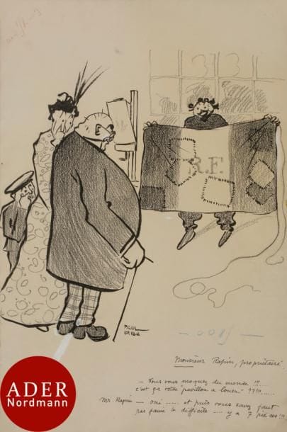 Paul IRIBE (1883-1935)
Monsieur Rapin, propriétaire
Encre et crayon noir.
Signé et légendé en pied.
48 x 31,5 cm
