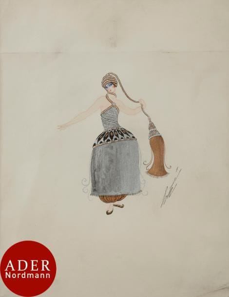Romain de Tirtoff, dit ERTÉ (1892-1990)
Les Trésors - costumes pour Deux petites esclaves, 1926
Gouache.
Signée en bas à droite.
Datée et titrée au dos.
(Plis).
39 x 29 cm