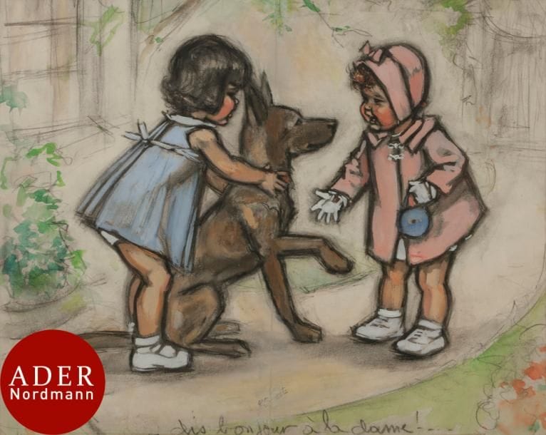 Germaine BOURET (1907-1953)
Dis bonjour à la dame ! ...
Gouache et fusain.
Porte le timbre de l’atelier en pied.
(Pli médian). 
 
Provenance : 
Vente Germaine Bouret, Maîtres Philippe Bonnaz et Stéphane Lecomte, Marseille, 26 et 27 juin 2002, n° 574.
36 x 45 cm